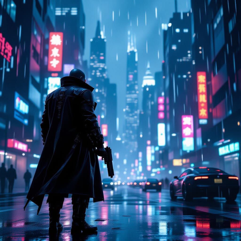 Grizzled cyborg bounty hunter in neon metropolis