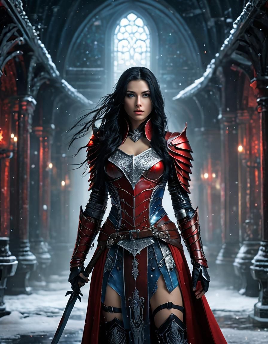 Snowy Hall: Woman Warrior in Red Armor