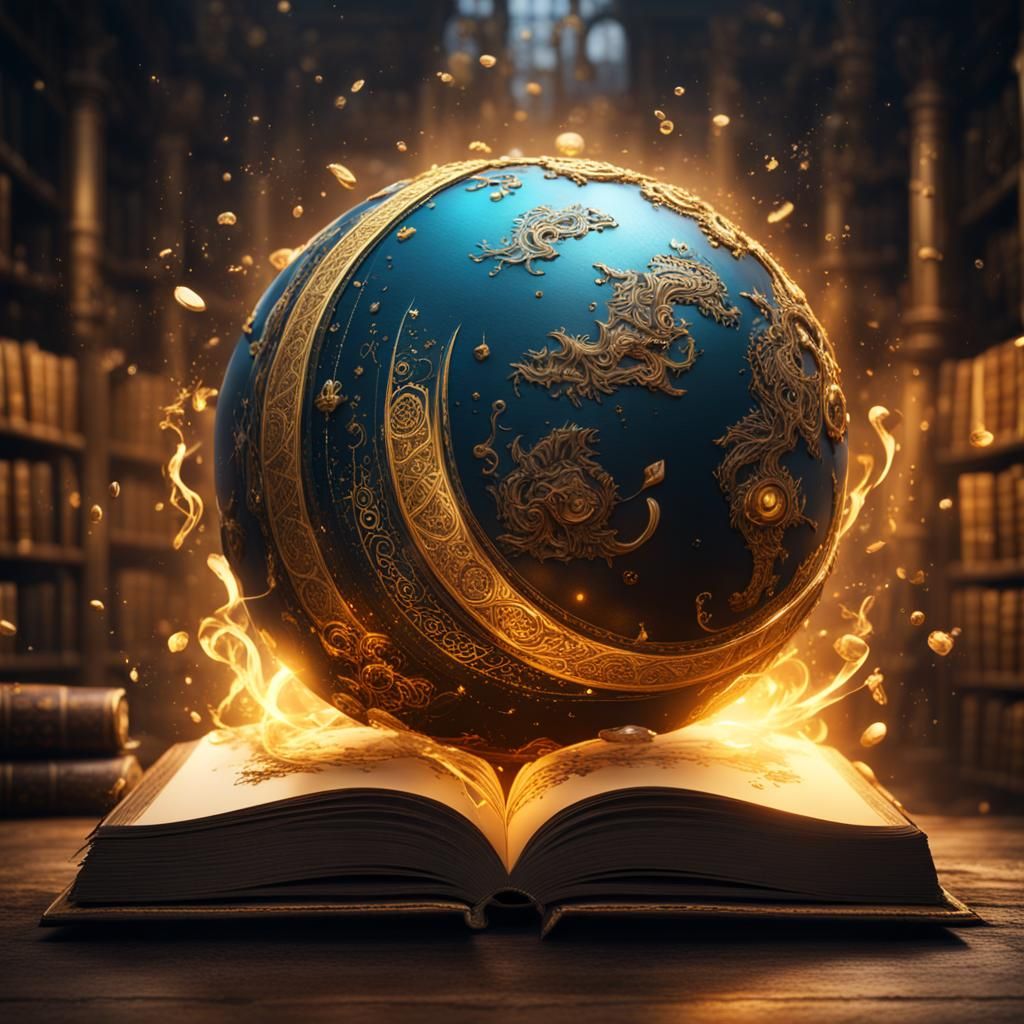Glowing Book Symbol in Ink Orb: Fantasy Art