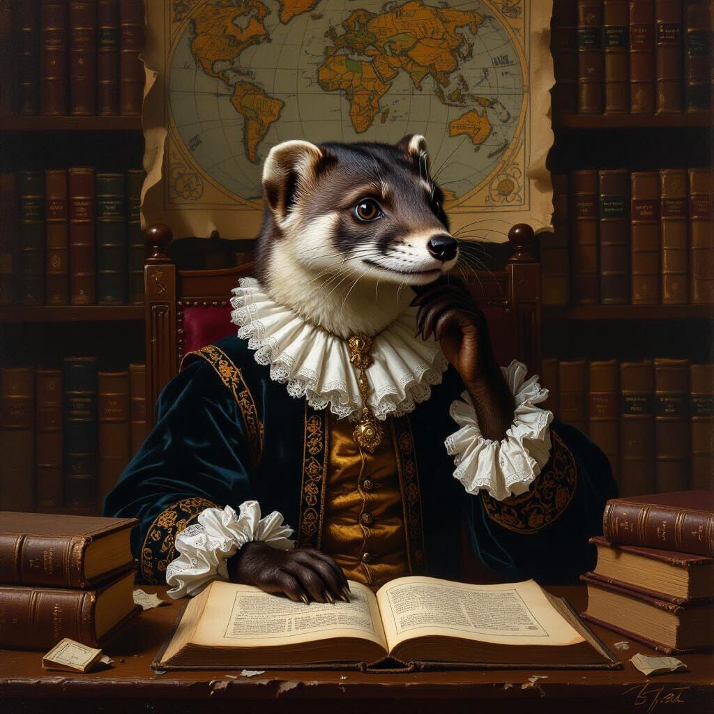 Baroque Stoat Contemplation in Rembrandt Lighting