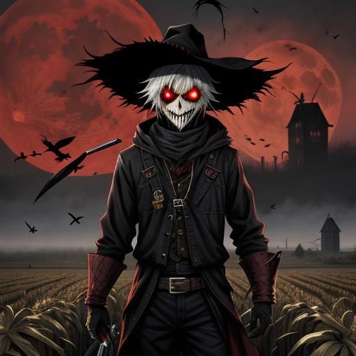 Sinister Scarecrow in Cornfield Under Blood Moon