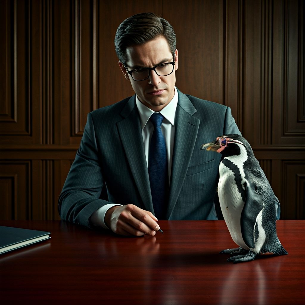 Office Worker Meets Penguin in Intense Boardroom Meeting