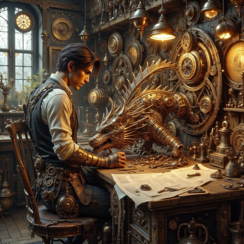 Steampunk Inventor Assembling Clockwork Dragon