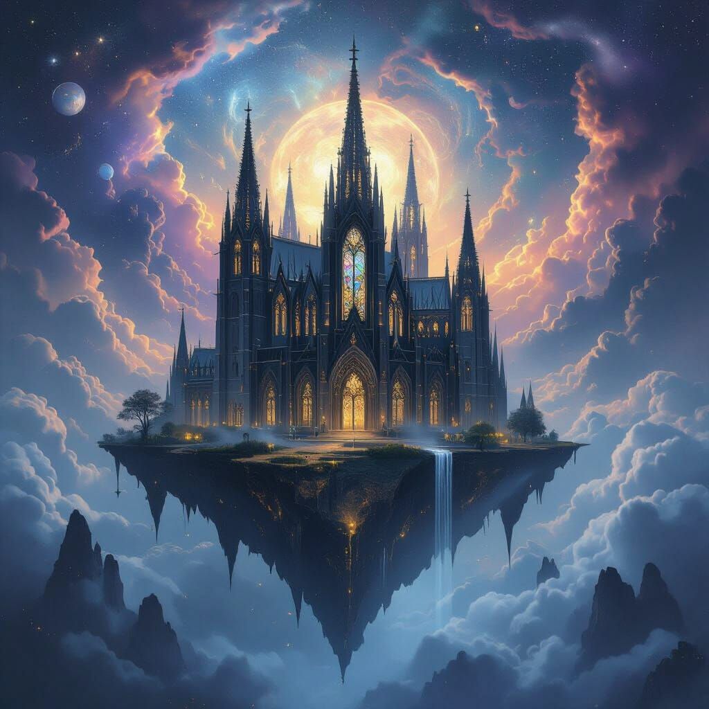 Gothic Cathedral on Floating Island in Cosmic Nebula