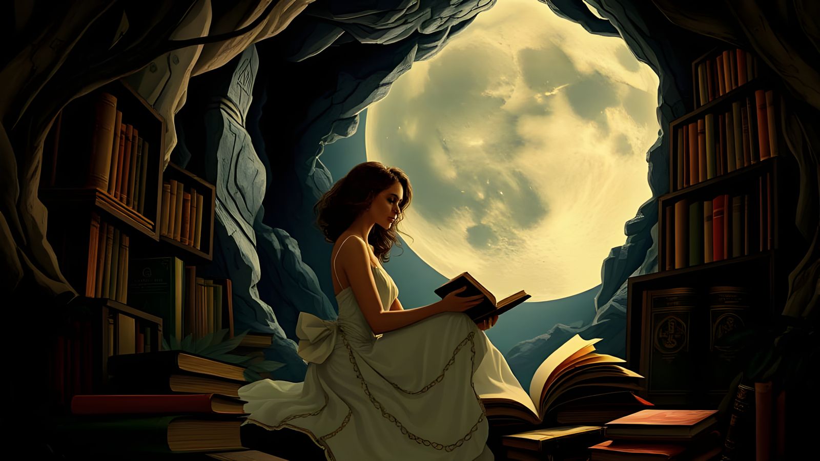 Moonlit Library Sanctuary in Art Deco Style