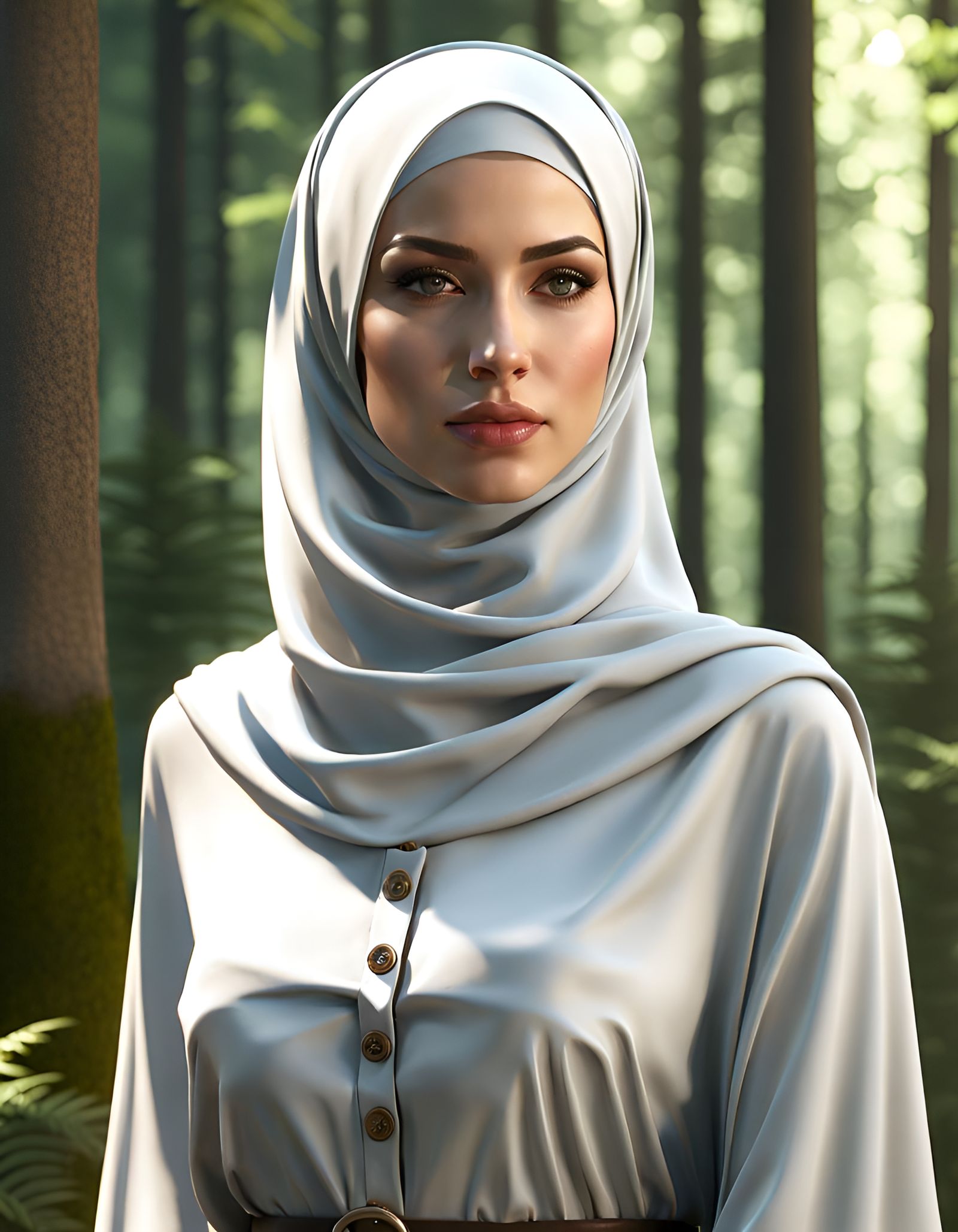 Modest Woman Exploring Forest: Ultra-Realistic Digital Art