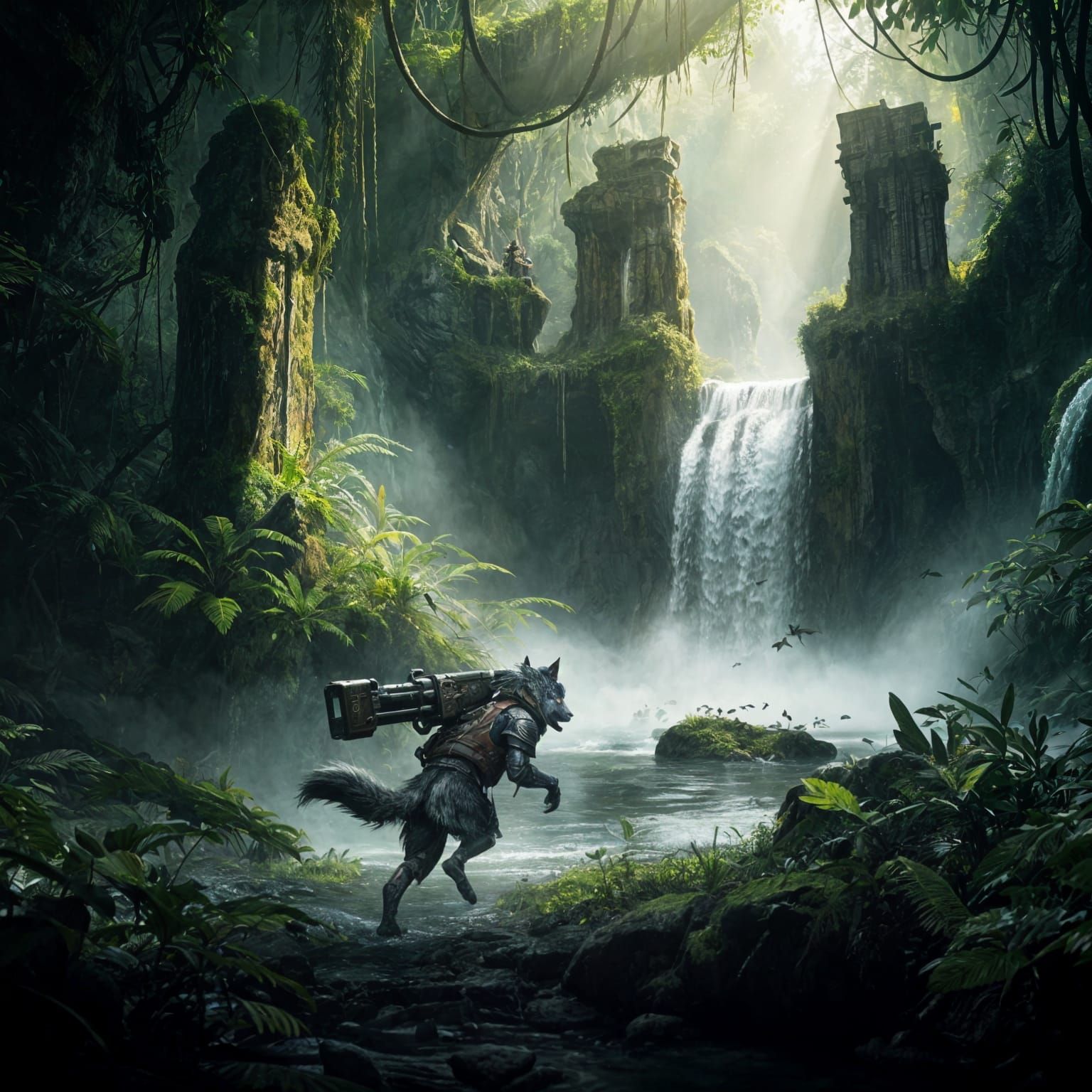 Fenrir with Cannon in Jungle Waterfall: Detailed Matte Paint...