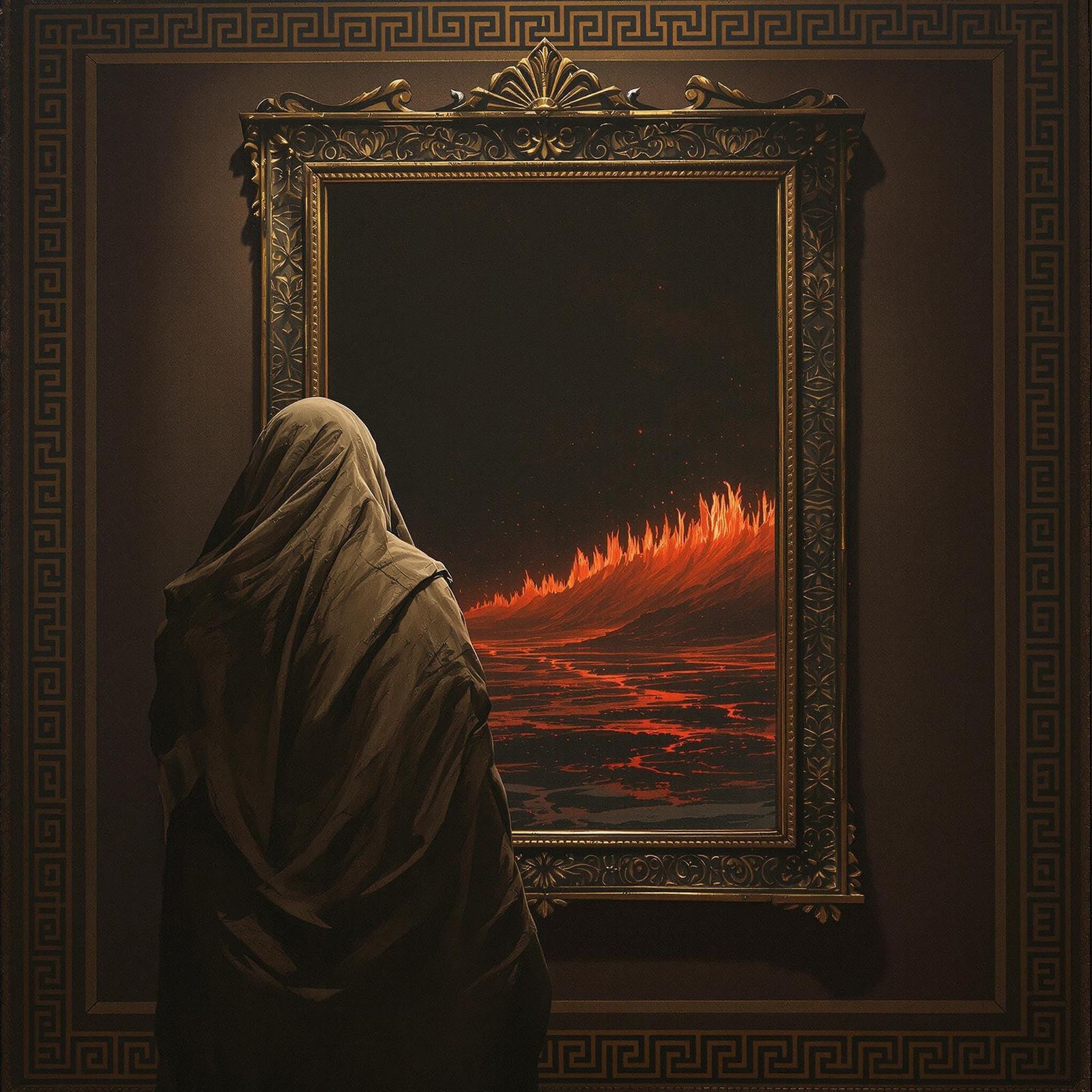 Haunting Figure in Greek Fresco Reflects Crimson Landscape