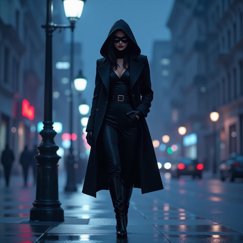 Masked Figure Under Streetlight in Noir Style