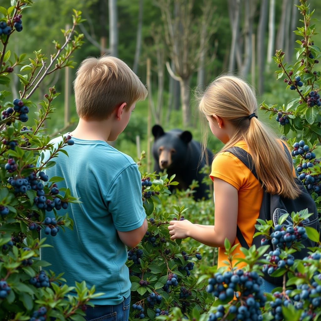 Teenagers Encounter a Gentle Black Bear in the Blueberry Pat...