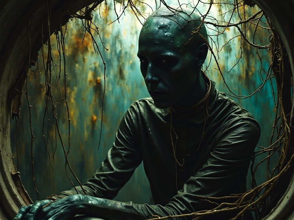 Rustpunk Oracle in Dark, Gritty Sci-Fi Aesthetic