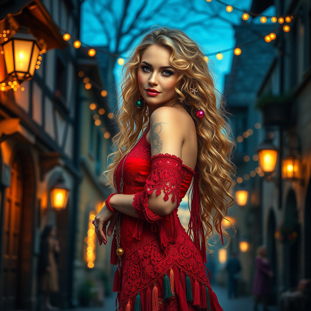 Mystical Gypsy Dancer in Medieval Street at Dusk