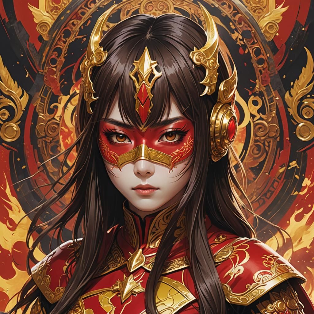 Japanese Heroine in Mask, Hyperrealistic Cityscape Art