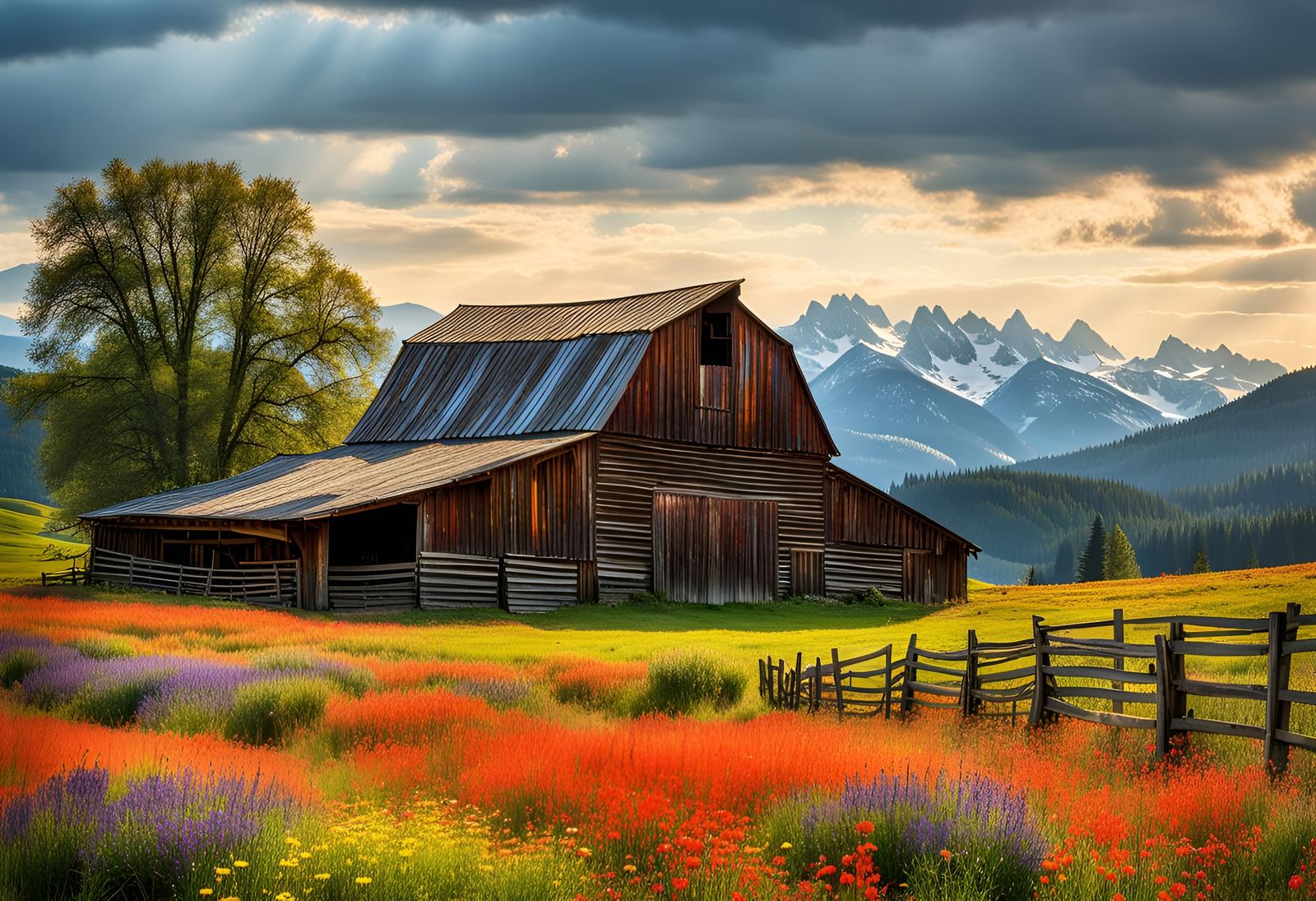 Picturesque Barn with Wildflowers in Retro Folk Art Style