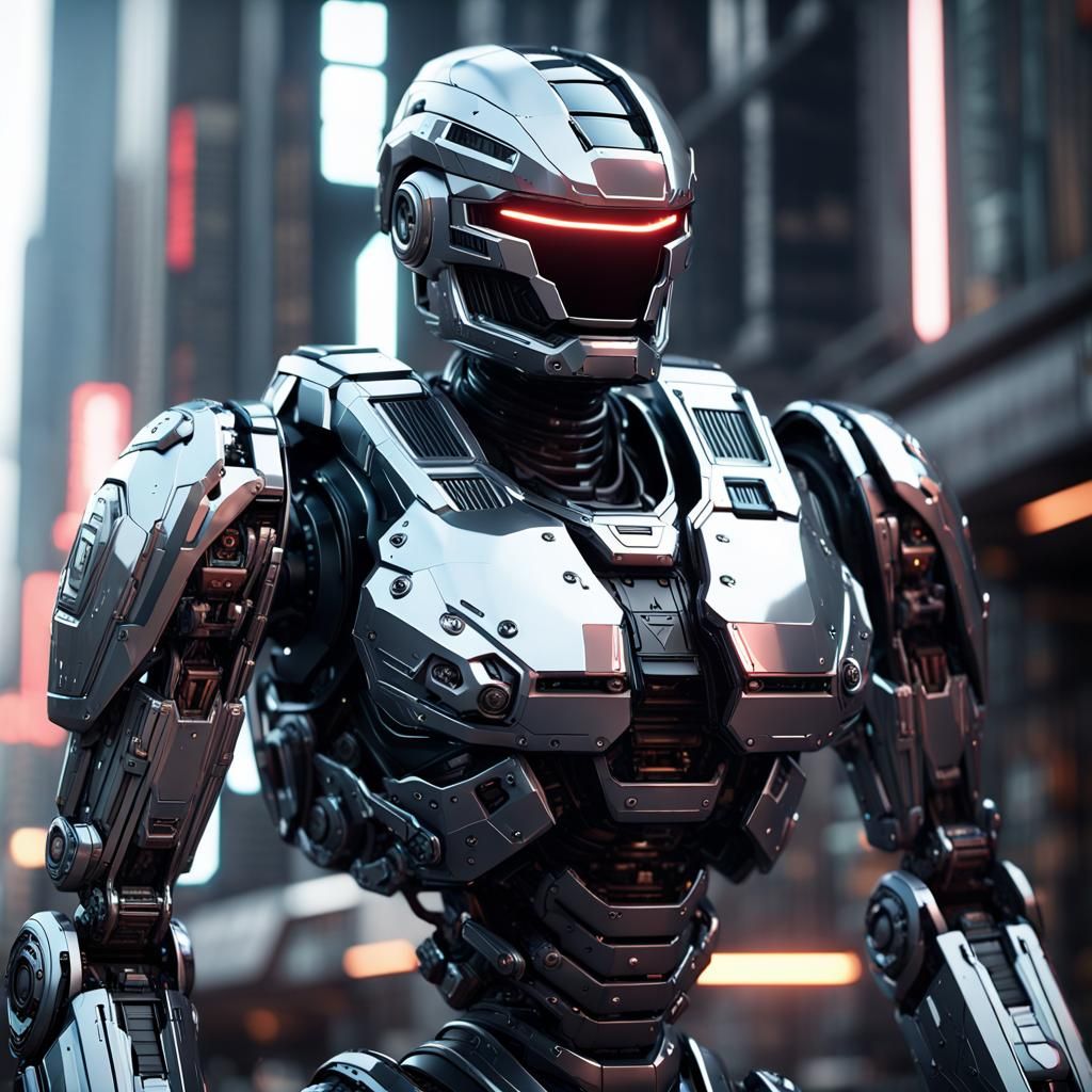 Detailed Robocop Mech Ground View in Sci-Fi Style