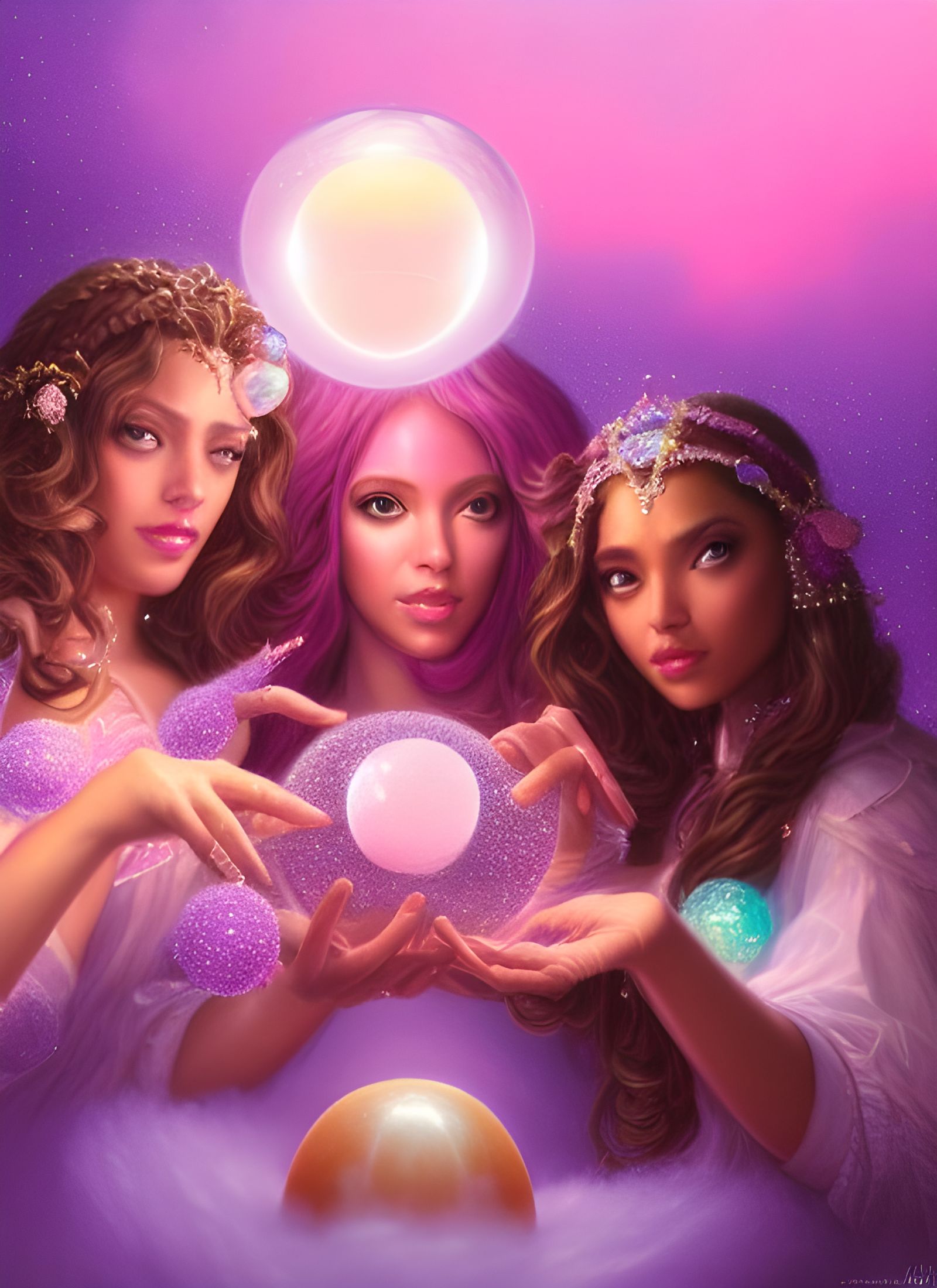 Candy Goddesses Gazing into Crystal Ball, Art Nouveau