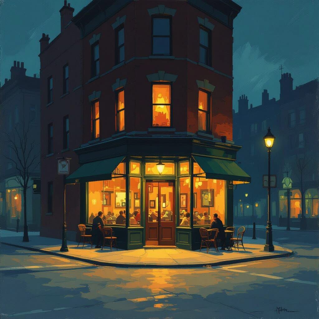 Late Night Cafe Street Scene in Cinematic Style