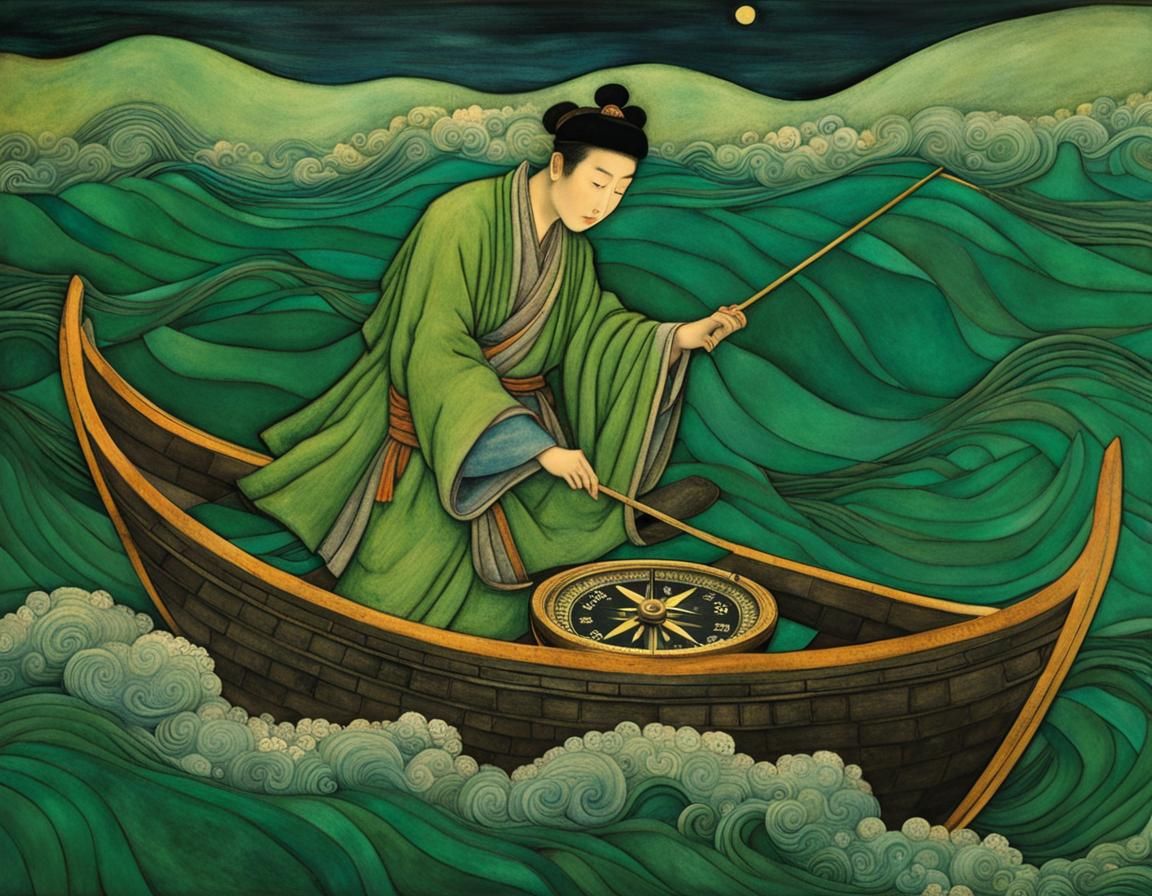 Tang dynasty boatman navigating a roiling sea with an ancien...