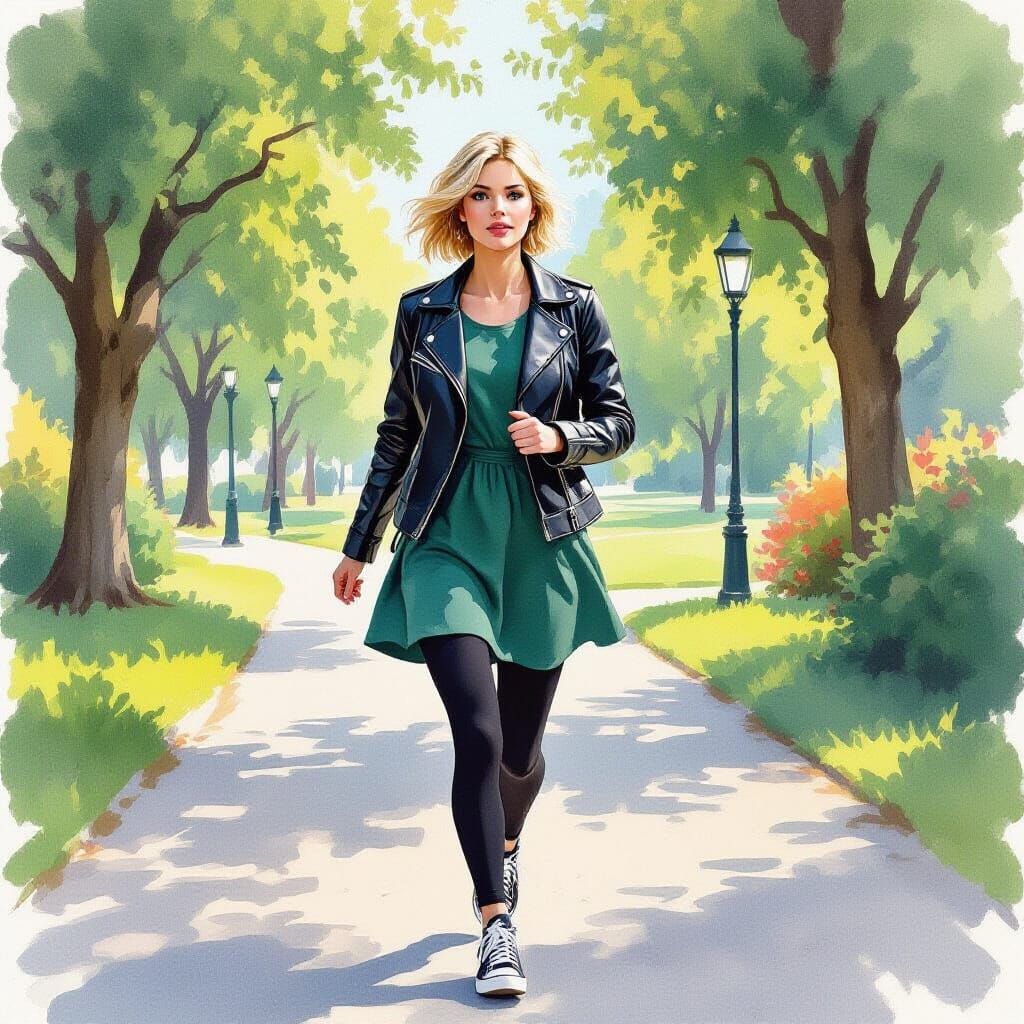 Woman in Leather Jacket in Expressive Watercolor Park Scene
