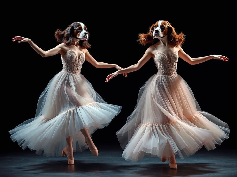 Ballerina Dancers with Cavalier King Charles Spaniel Masks