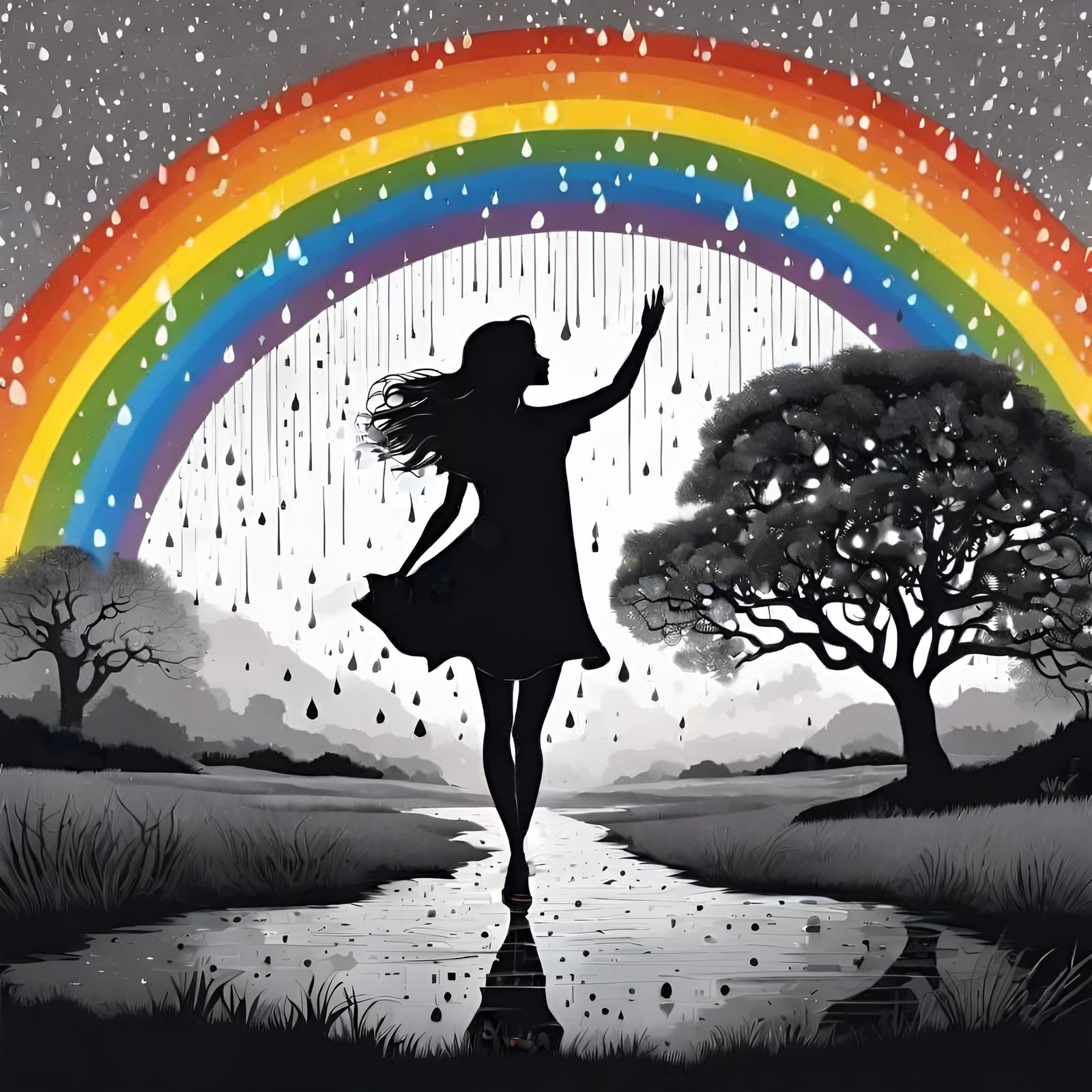 Pixie Dances Under Rainbow in Selective Color Art