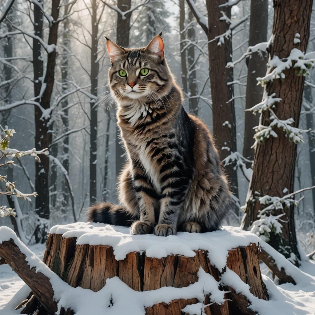 Gray Tomcat on Snowy Stump, Matte Painting