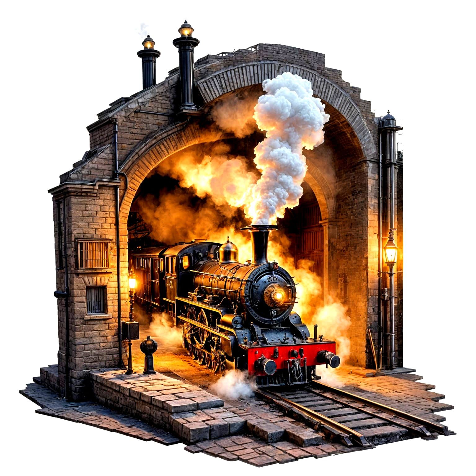 A steam locomotive puffing white smoke as it emerges from an...