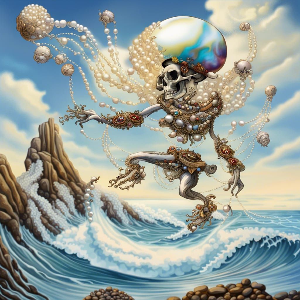Steampunk Skull with Pearls in Surreal Seascape
