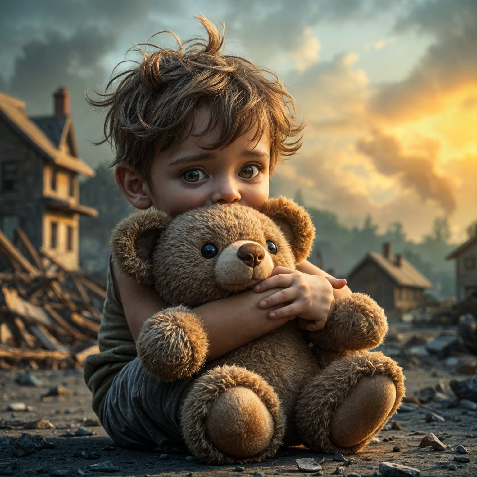 Boy and Teddy Bear in War Zone, Hyperrealistic Art
