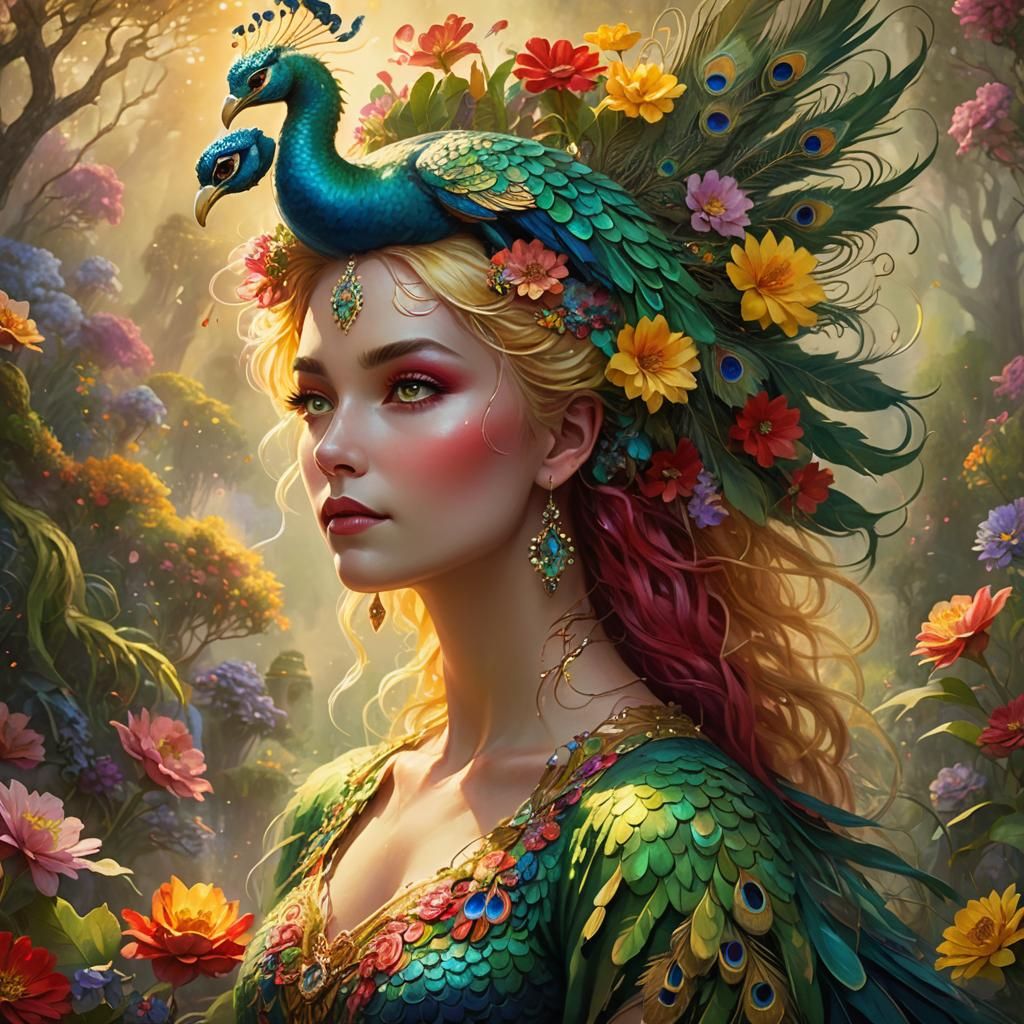 Ethereal Dragon Peacock Woman in Fantasy Art Style