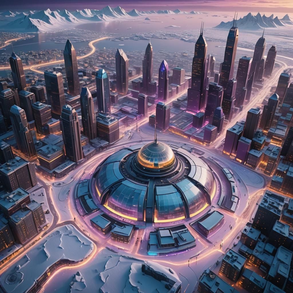 Futuristic Cityscape Beyond Antarctic Ice Wall
