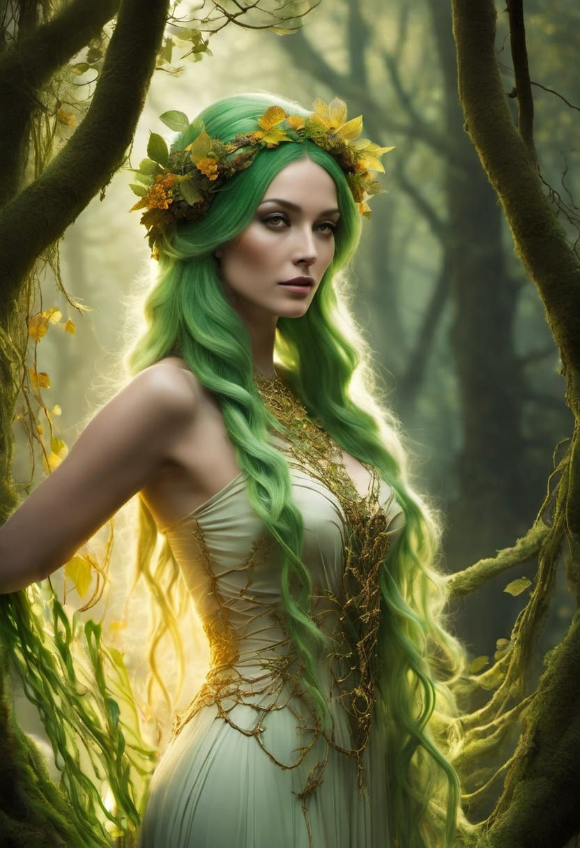 Enchanting Forest Maiden with Flowing Vine Hair