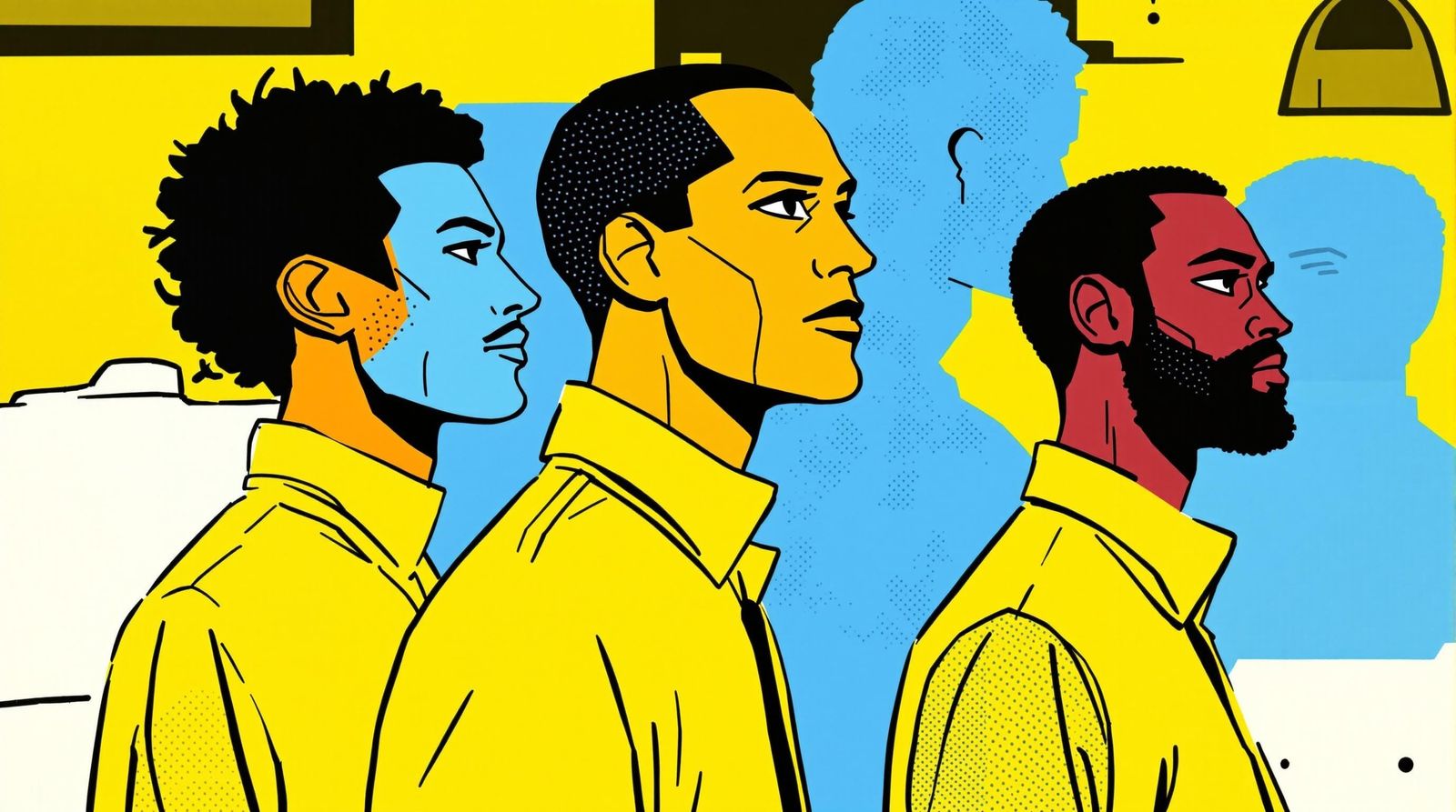 Three Men in Yellow Silhouettes