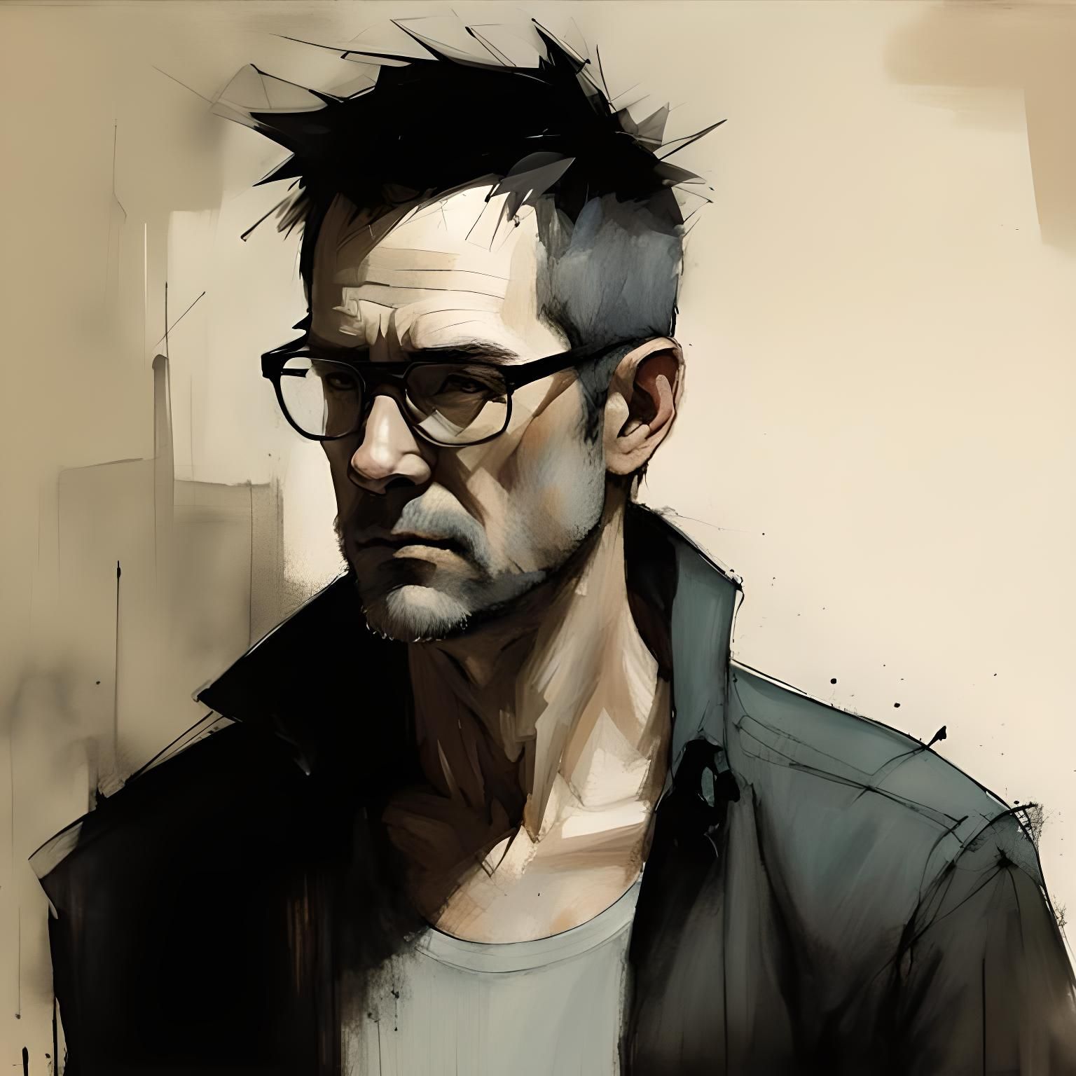 Grumpy Man Portrait in Mixed Media Style