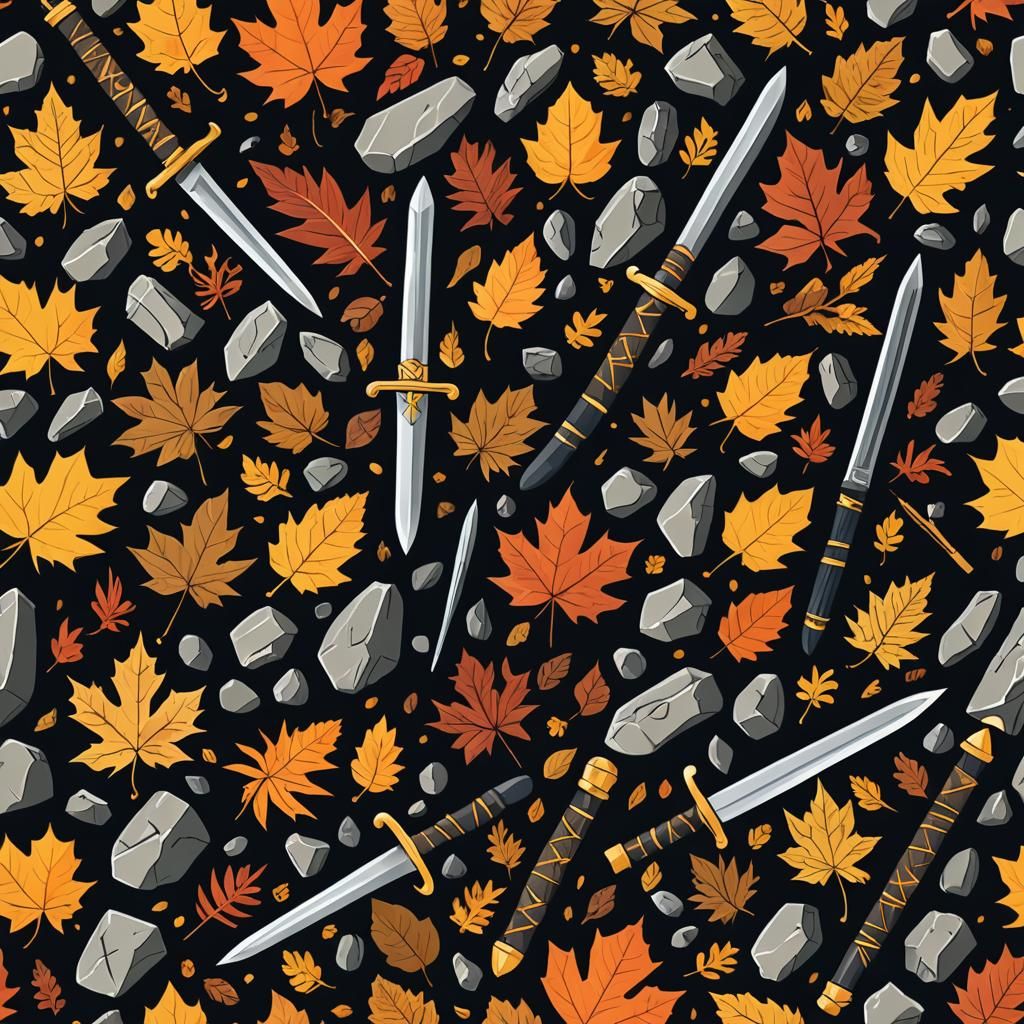 Seamless Autumn Pattern with Sword on Dark Background