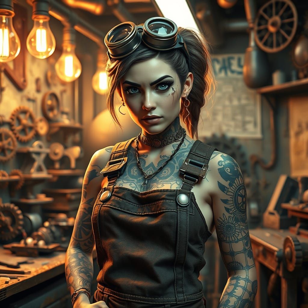 Steampunk Mechanic in Workshop with Mechanical Tattoos