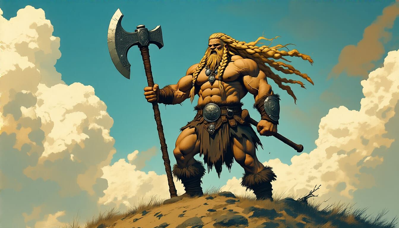 Barbarian Warrior Victorious with Battle Axe in Fantasy Art ...