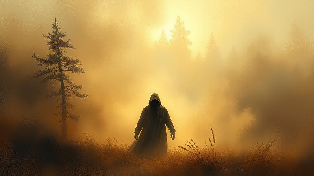 Hooded Figure Emerges from Misty Landscape