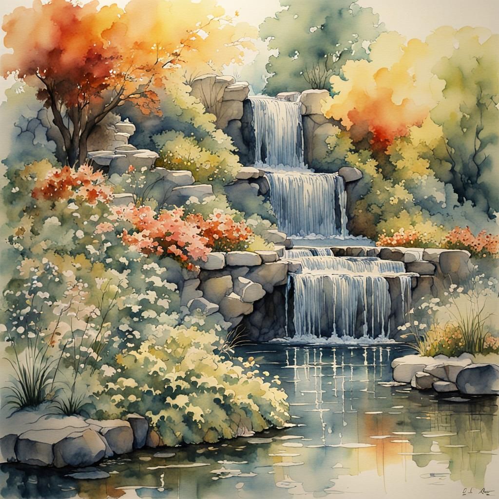 Watercolor Waterfall Garden with Sunlight Reflections