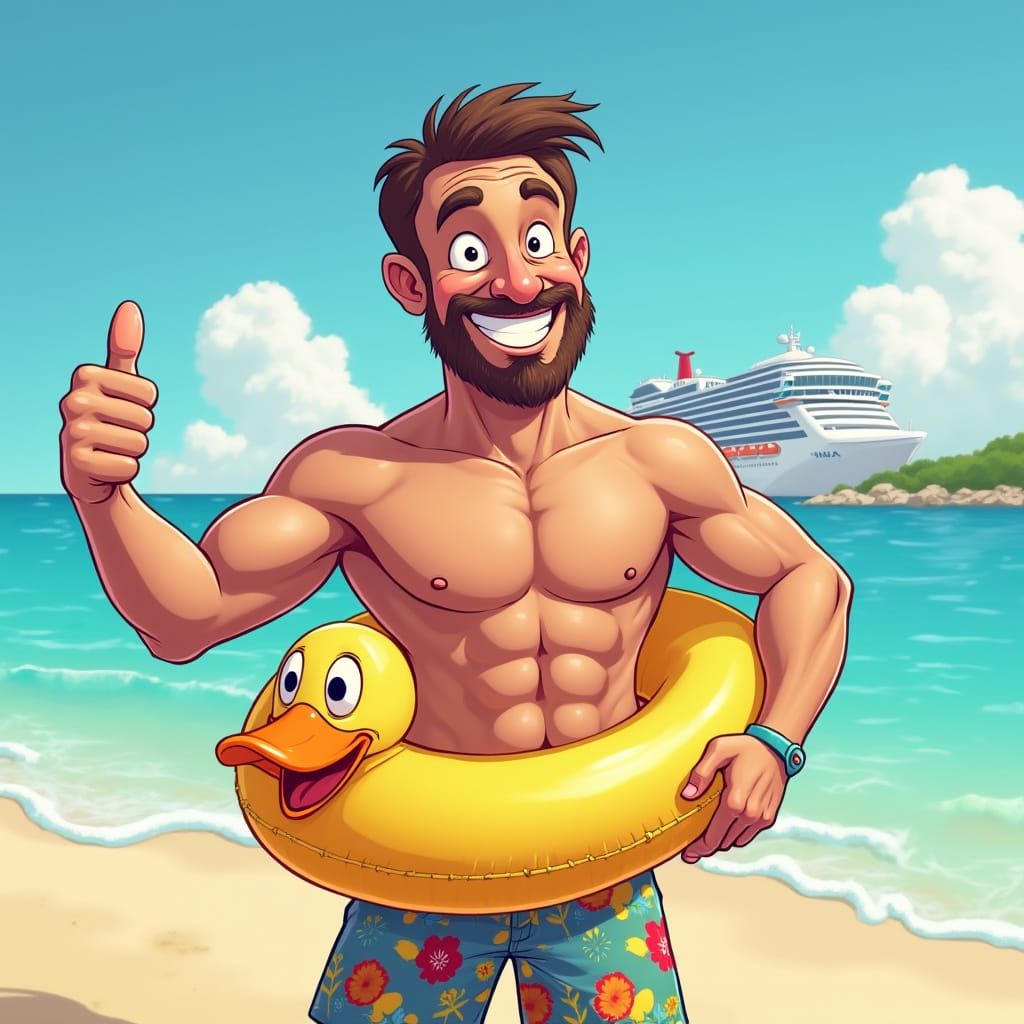Vibrant Cartoon Beach Scene with Smiling Man and Cruise Ship