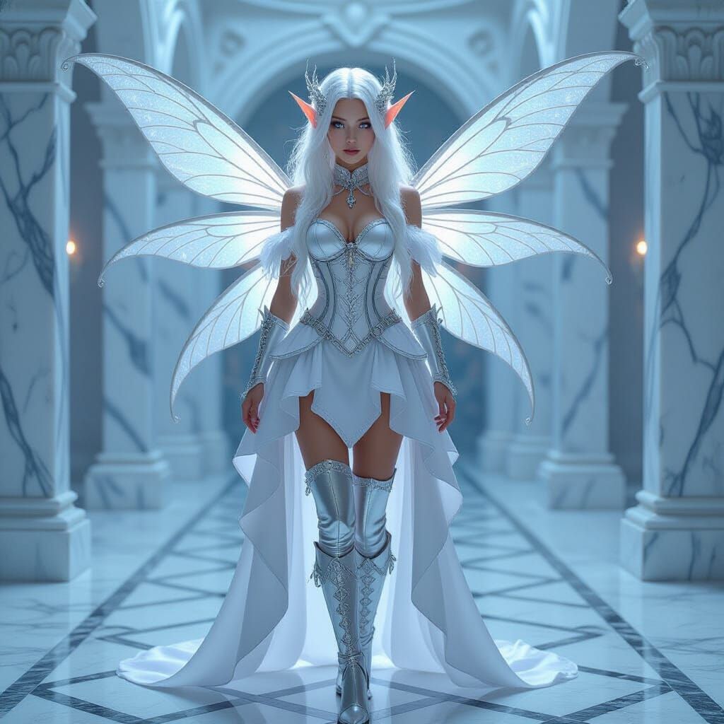 Silver White Faerie in Steampunk Dress with Dragon Wings