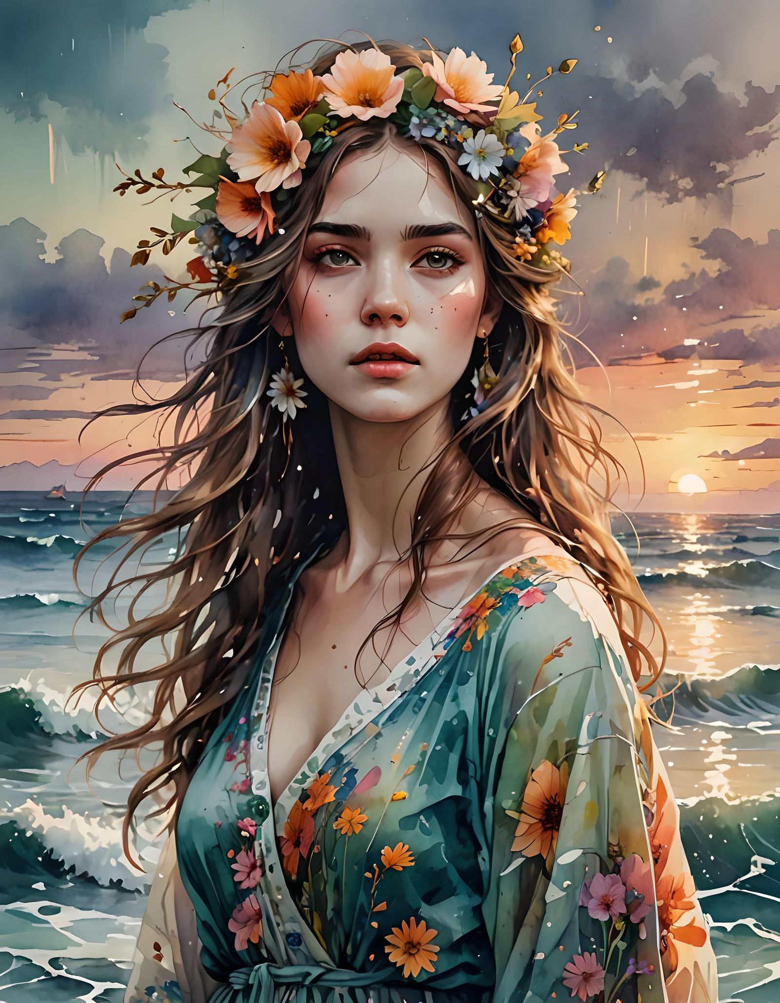 Woman with Flowers: Digital Watercolor Summerscape Sunset