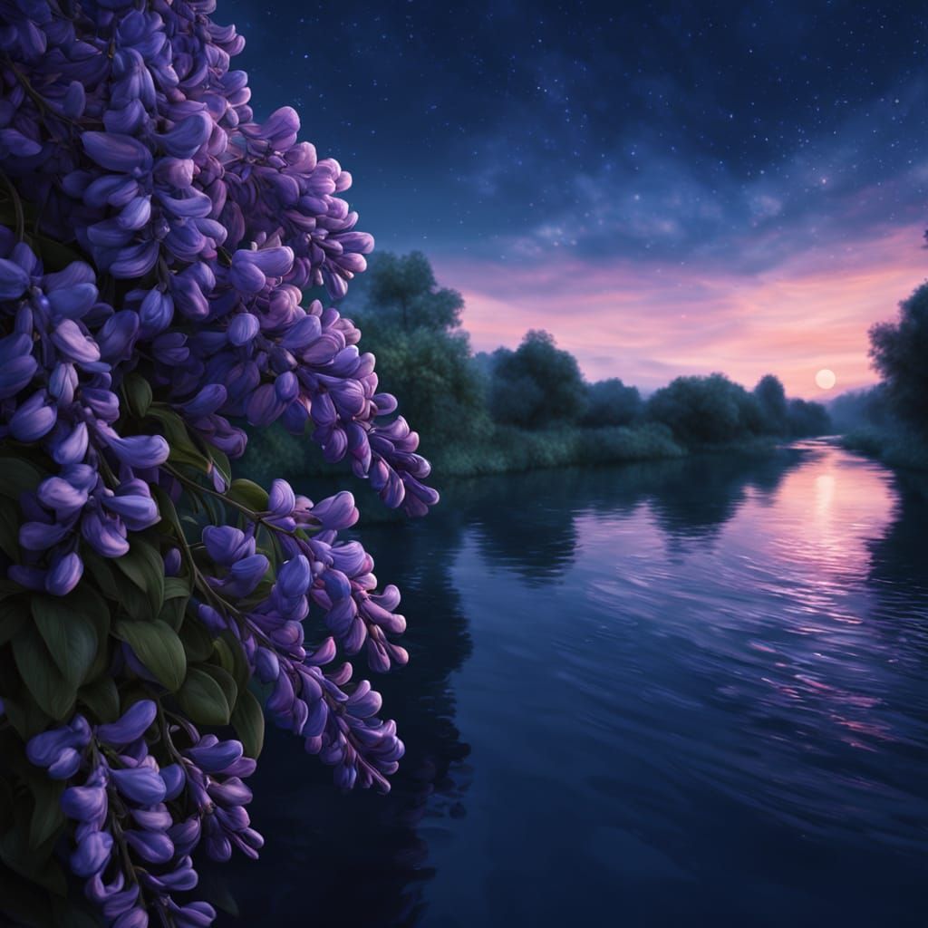Dreamy Wisteria Blooms Under Midnight Skies