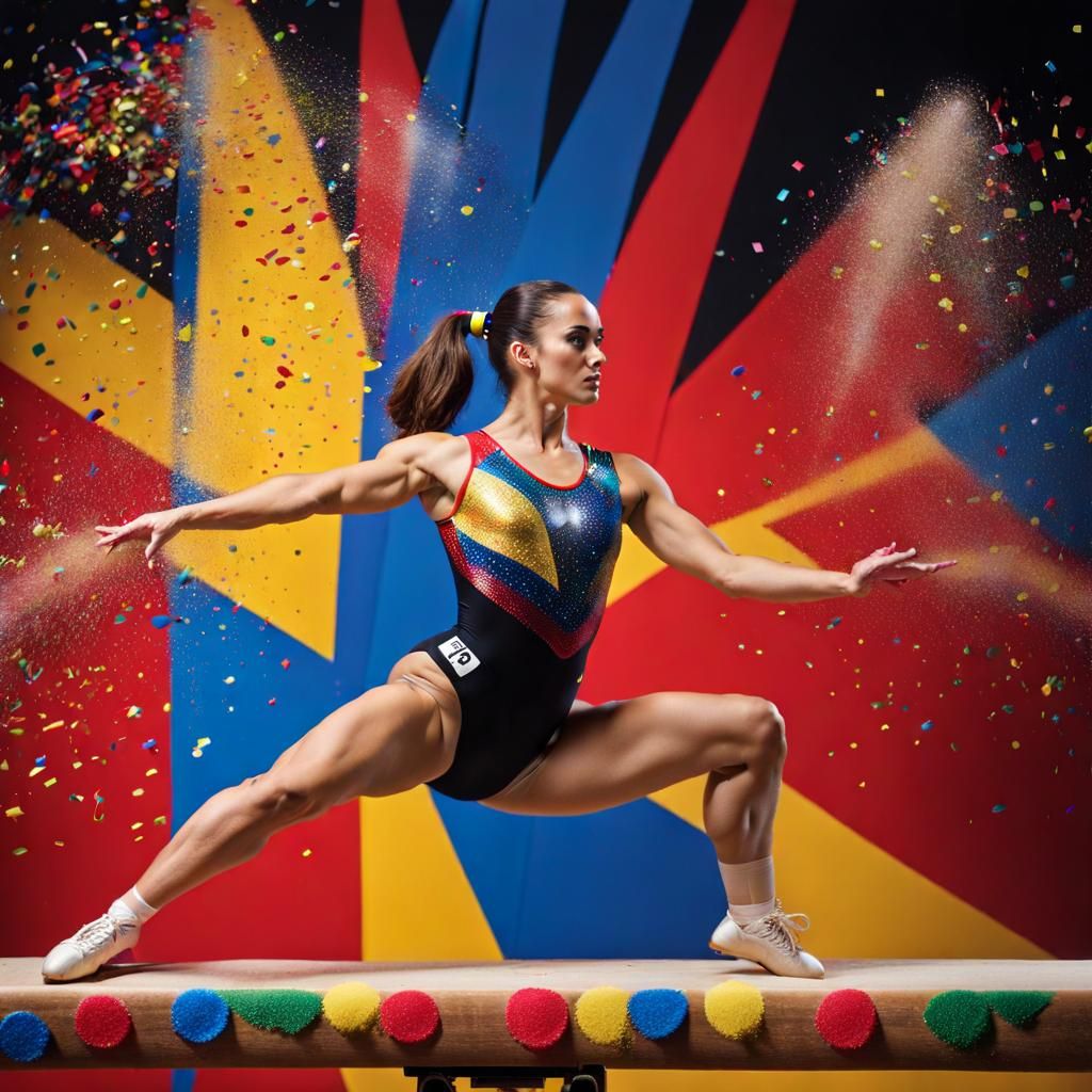 Gymnast on Beam in 1980s Style With Confetti