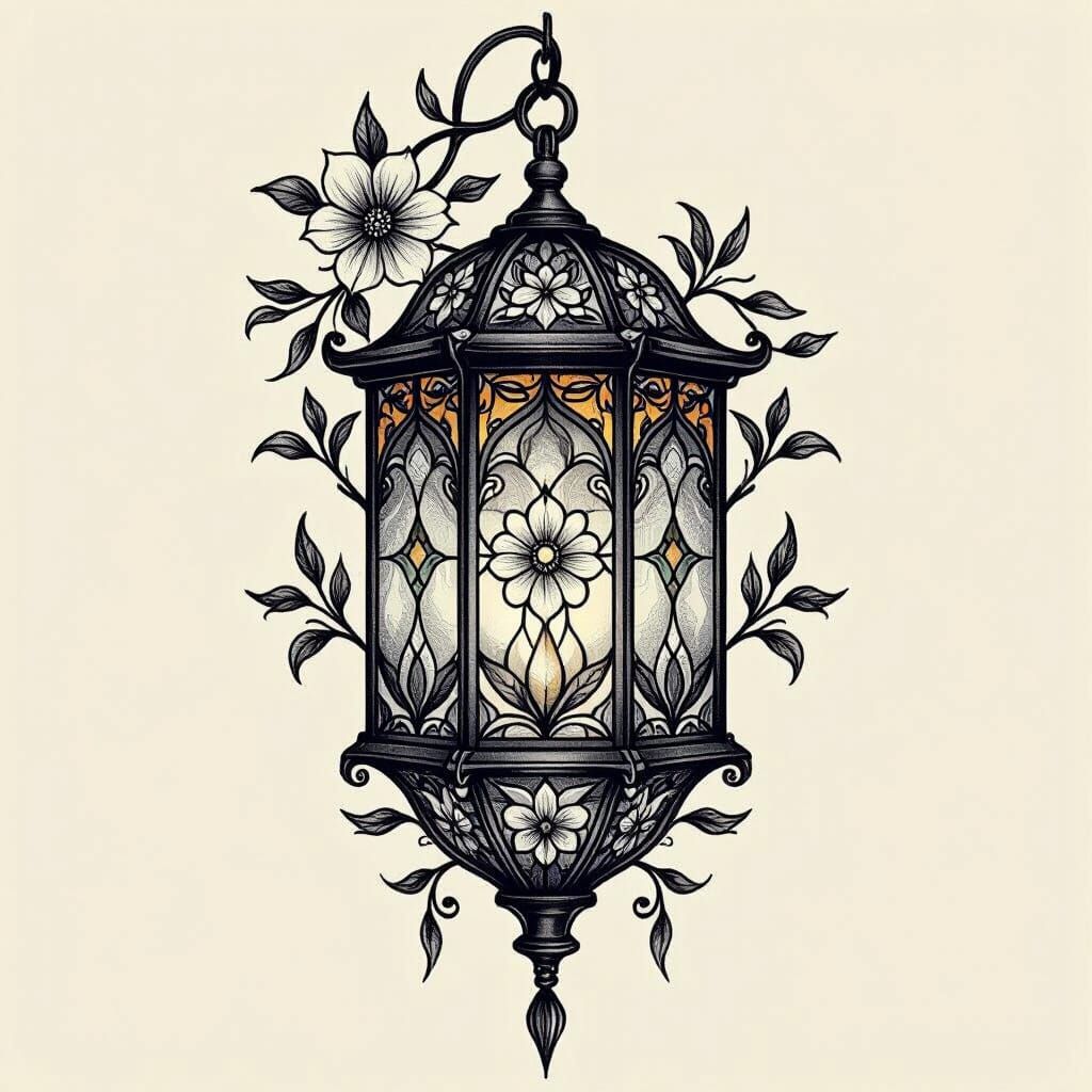 Black and Gray Tattoo Lantern with Floral Stained Glass