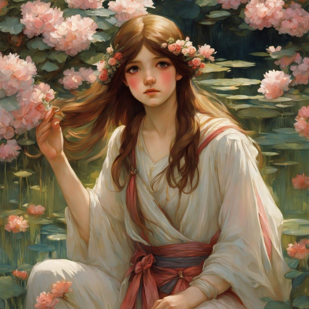 Sweet Anime Girl by Pond, Waterhouse Style