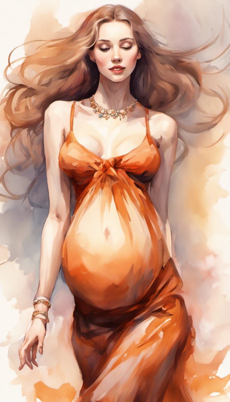 Joyful Pregnant Woman Dancing in Orange Dress