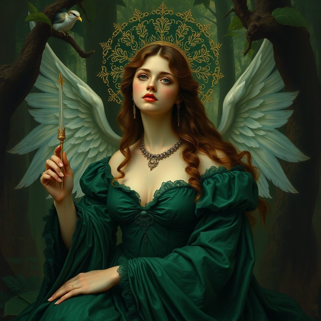 Surreal Emerald Goddess in a Whimsical Forest Landscape