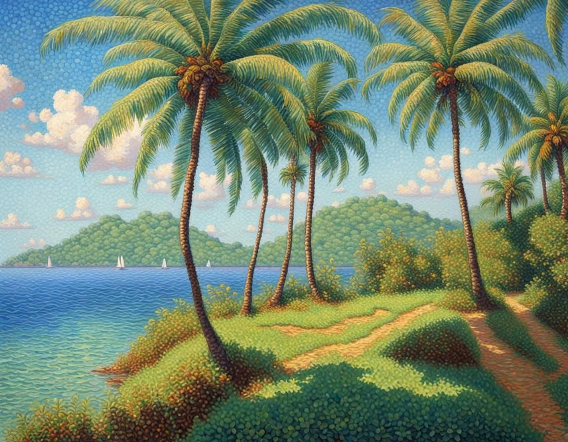 Lush Island Paradise in Pointillist Style
