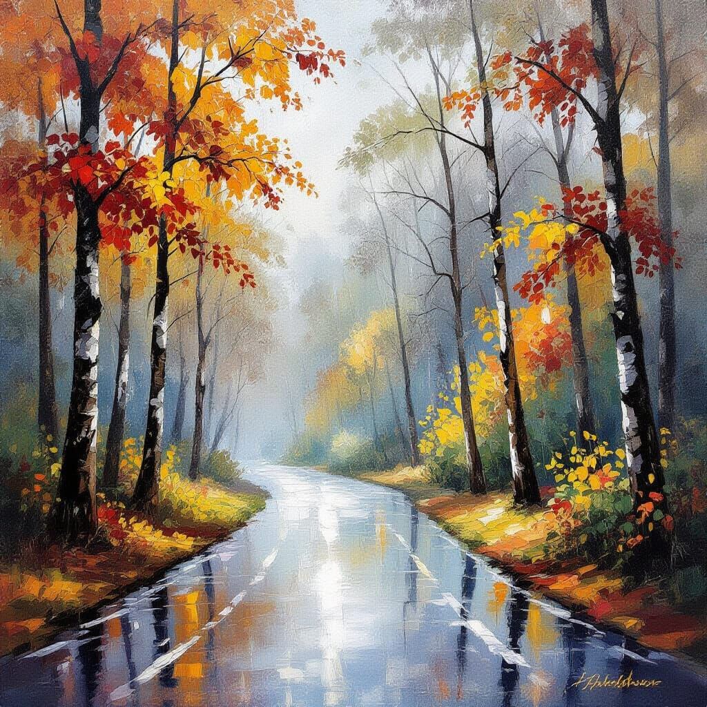 Autumn Forest Rain in Watercolor Painting Style